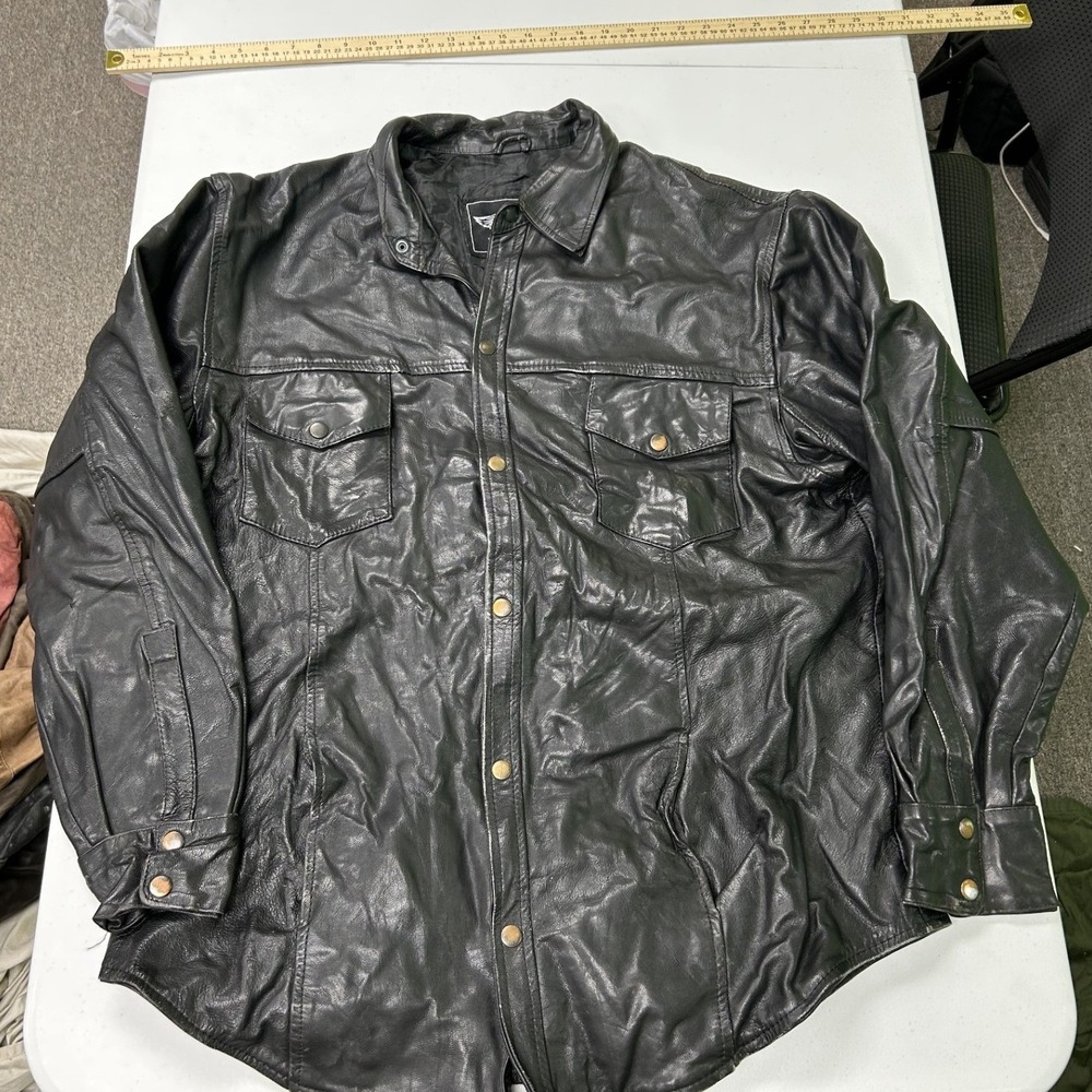 UNIK Leather Shirt Jacket Mens XL Black Genuine Leather Snap Front Biker H1